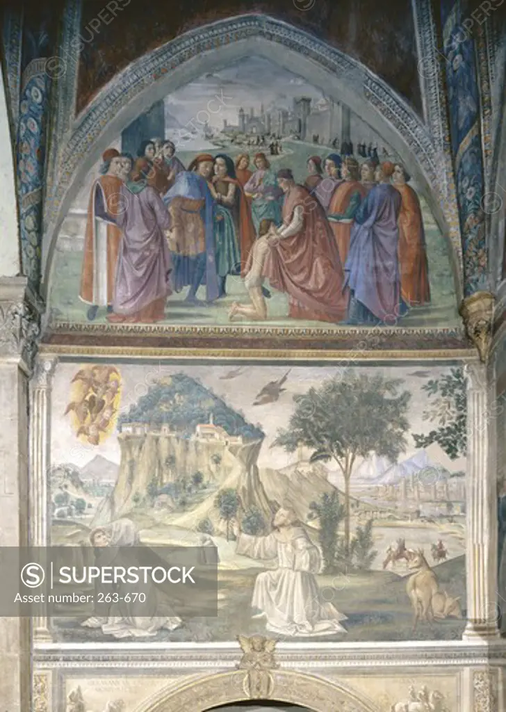 Life of Saint Francis: Renunciation of Worldly Goods & Receivng the Stigmata  1482-85 Domenico Ghirlandaio (1449-1494 Italian) Fresco Sassetti Chapel, Santa Trinita, Florence, Italy