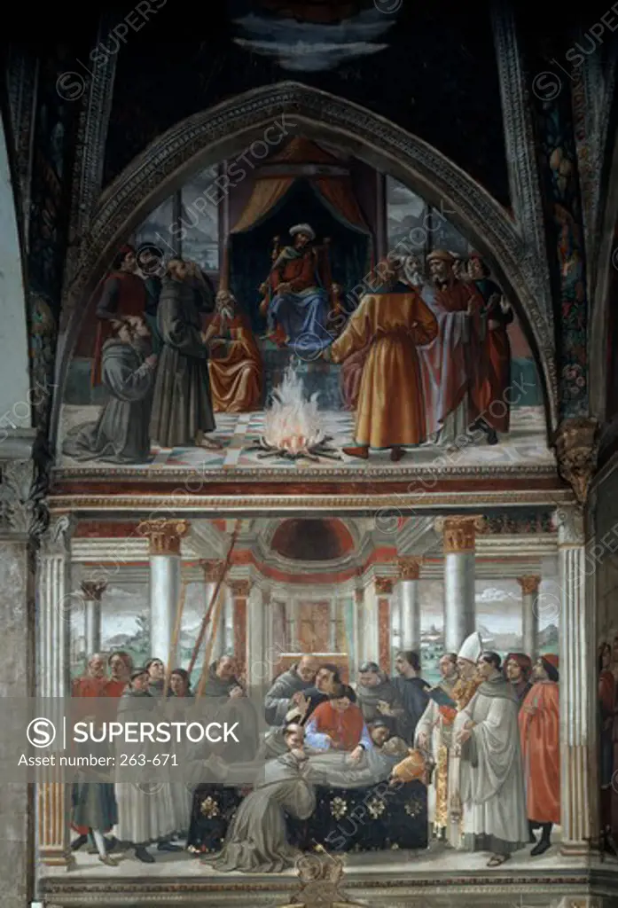 Life of Saint Francis: Test of Fire before the Sultan & Death of Saint Francis 1482-85 Domenico Ghirlandaio (1449-1494 Italian) Fresco Sassetti Chapel, Santa Trinita, Florence, Italy