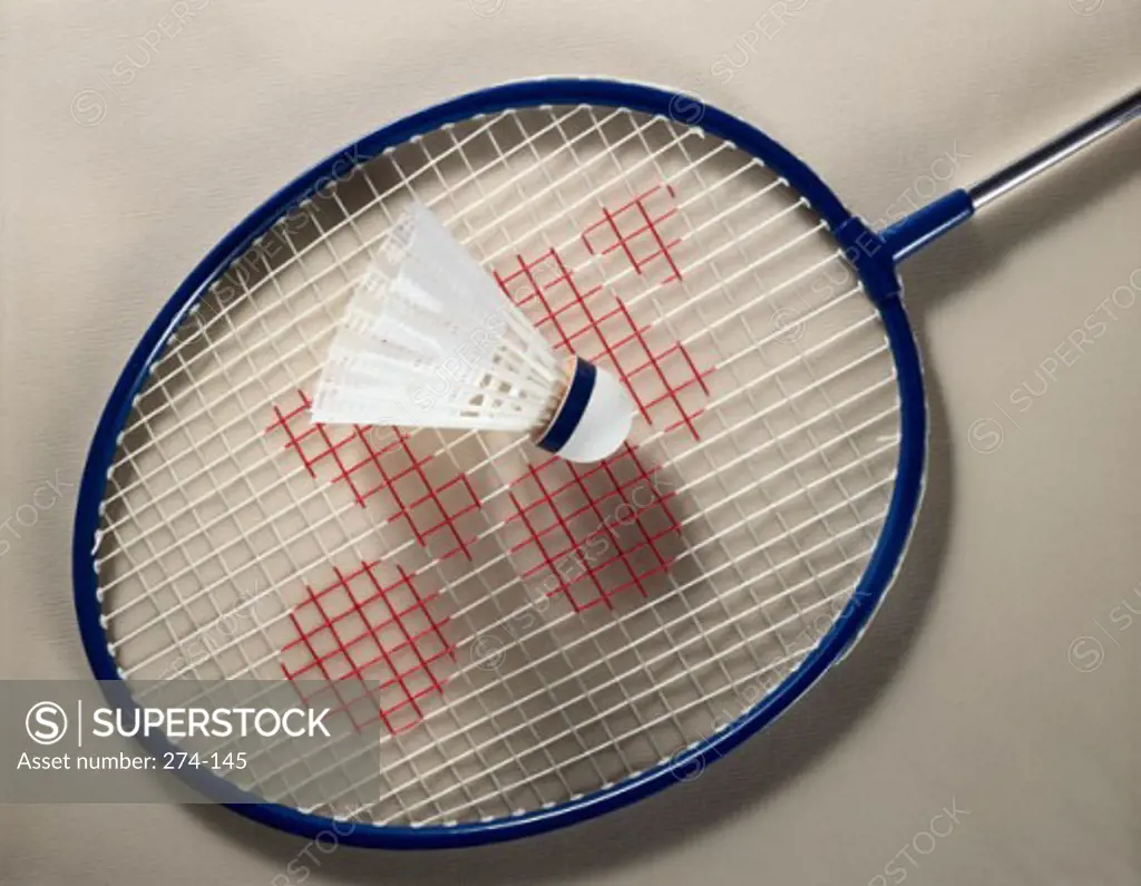 Close-up of a shuttlecock on a badminton racket