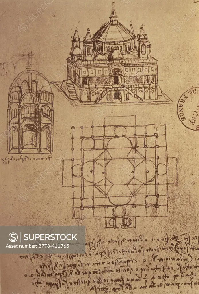 Sketch of a Square Church with Central Dome & Minaret  Pen & Ink  Leonardo da Vinci (1452-1519 Italian) Bibliotheque Nationale, Paris