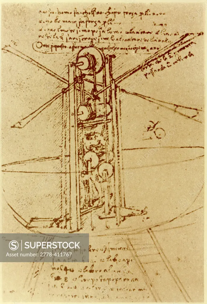 DRAWING OF A FLYING MACHINE WITH A MAN OPERATING IT PEN & INK Leonardo da Vinci 1452 d1519 Florentine Institut de France, Paris  