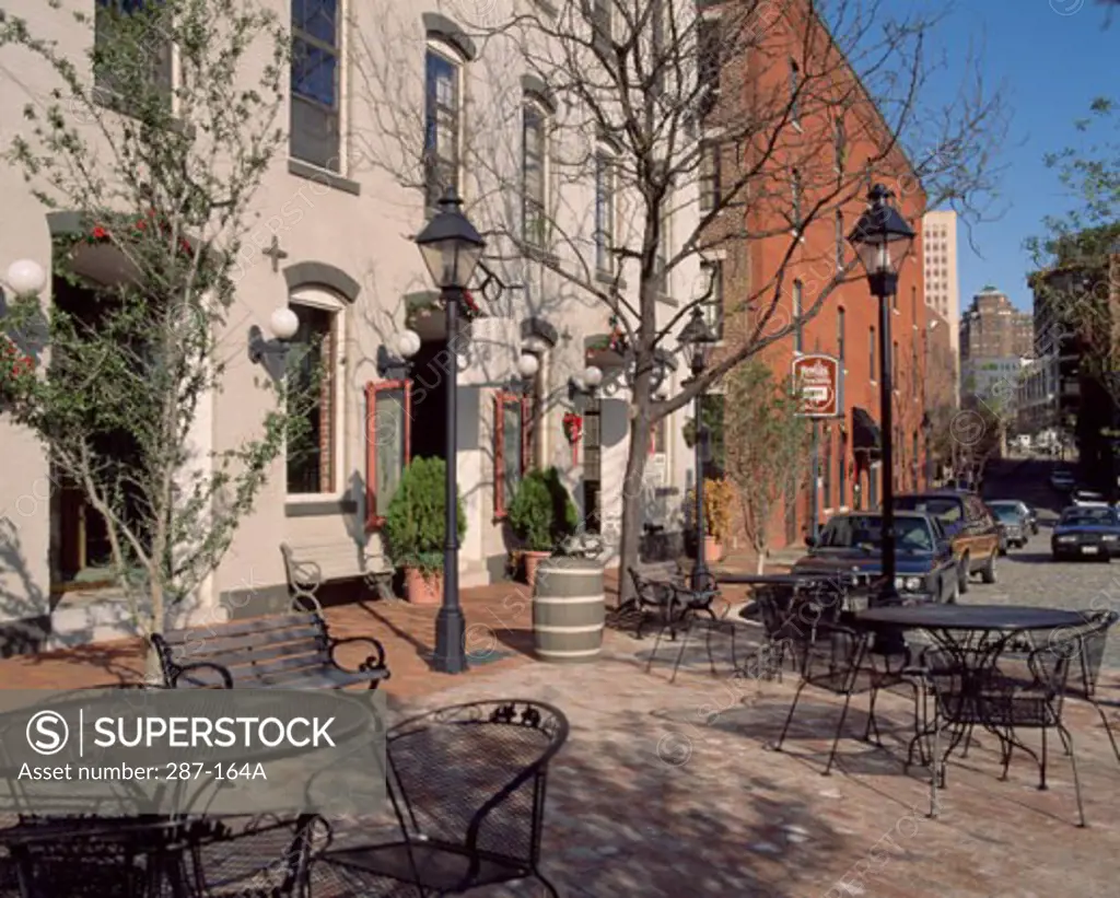 Tables and chairs in front of a building, Shockoe Slip, Richmond, Virginia, USA