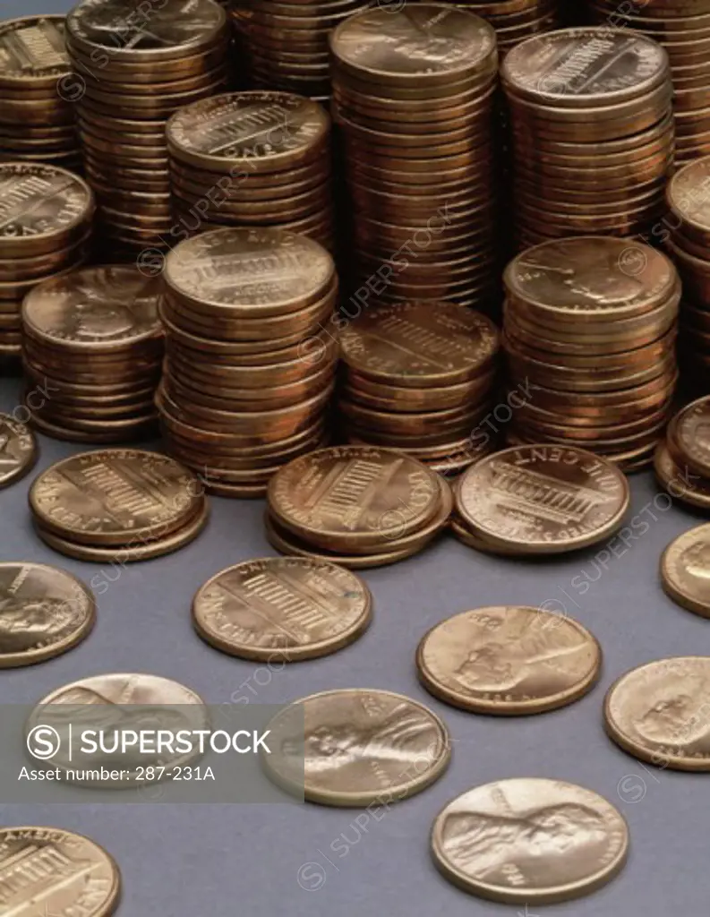 Close-up of stacks of coins