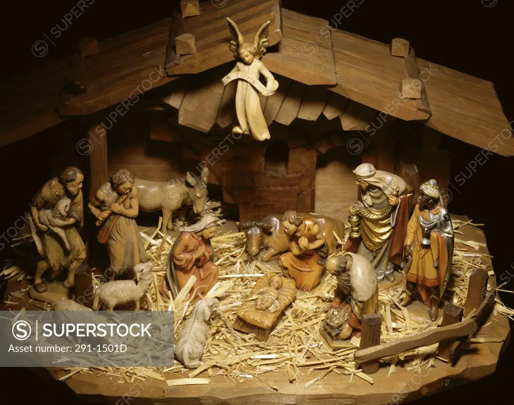 Close-up of figurines depicting a nativity scene
