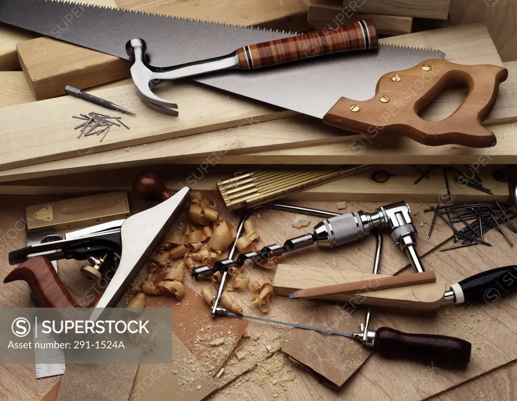 High angle view of carpentry tools