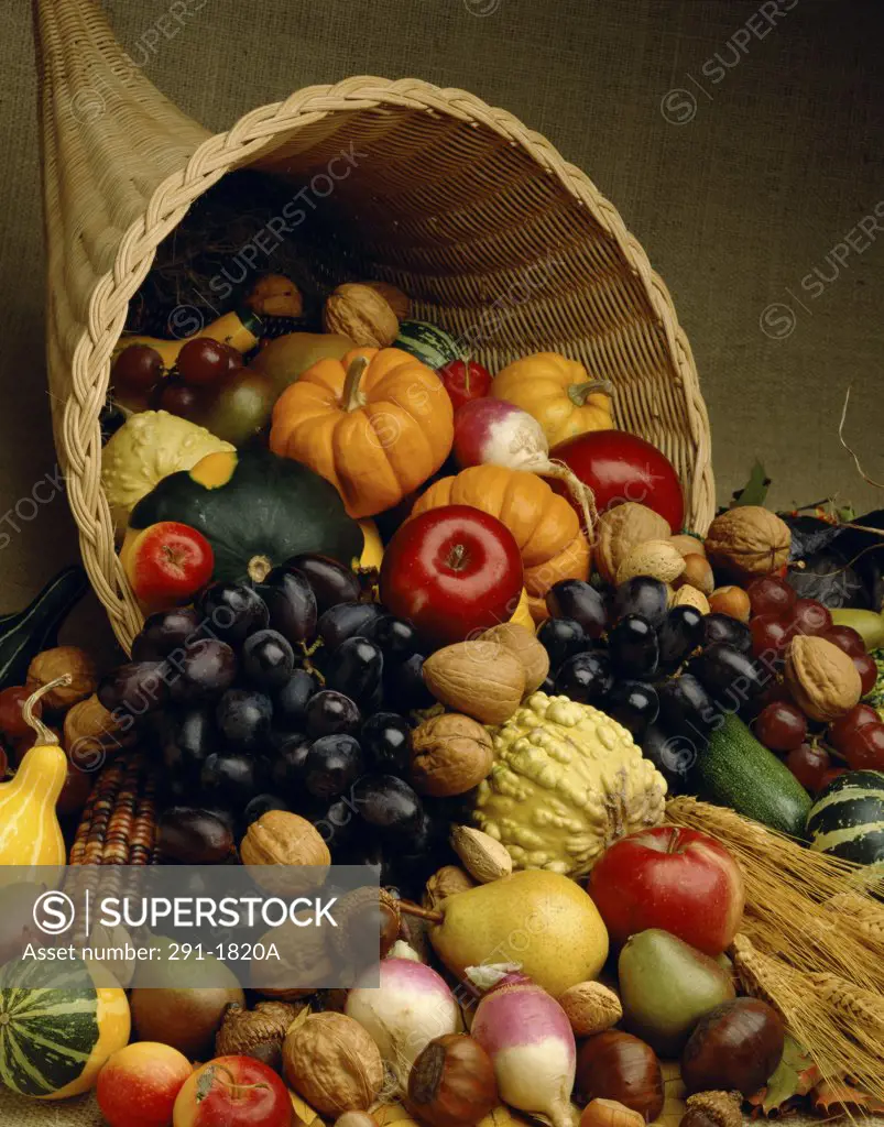 Close-up of assorted fruits and vegetables in a basket