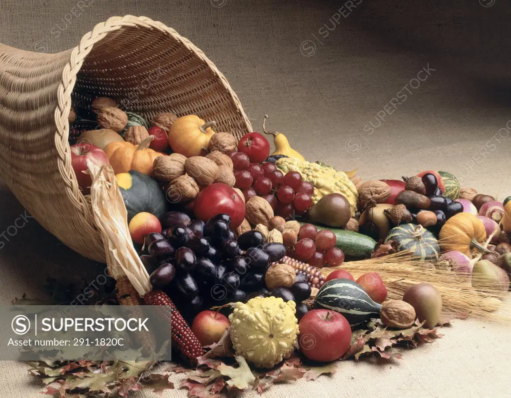 Close-up of assorted fruits and vegetables in a basket