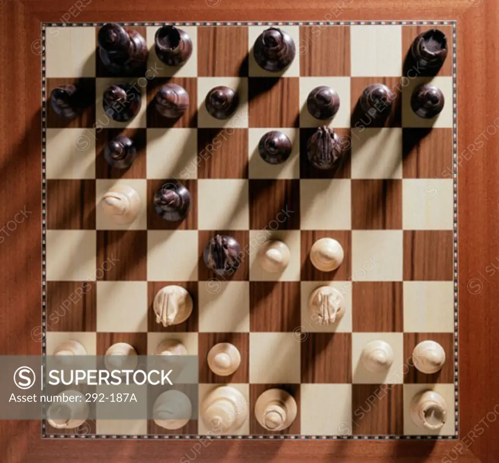 High angle view of chess pieces on a chessboard