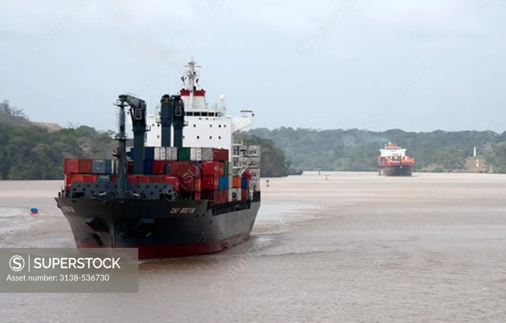 Container ships in a canal, Gaillard Cut, Panama Canal, Panama