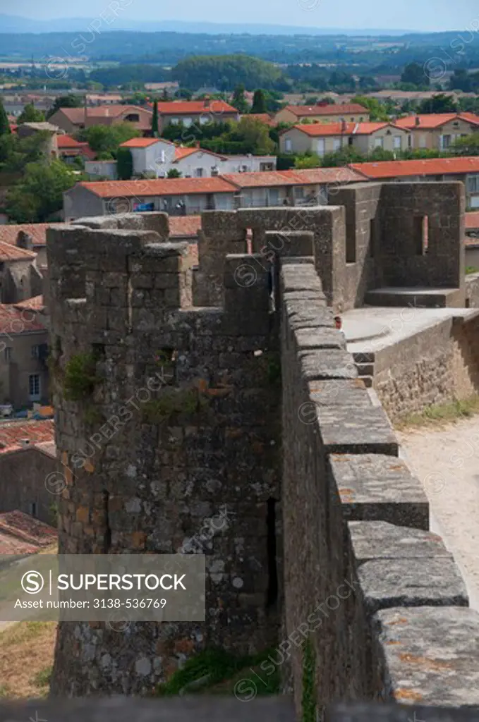 Fortified wall of a fortress, Carcassonne, Aude, Languedoc-Rousillon, France