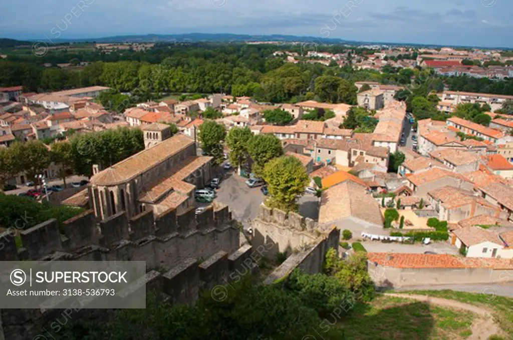 Fortress with a cityscape, Carcassonne, Aude, Languedoc-Rousillon, France