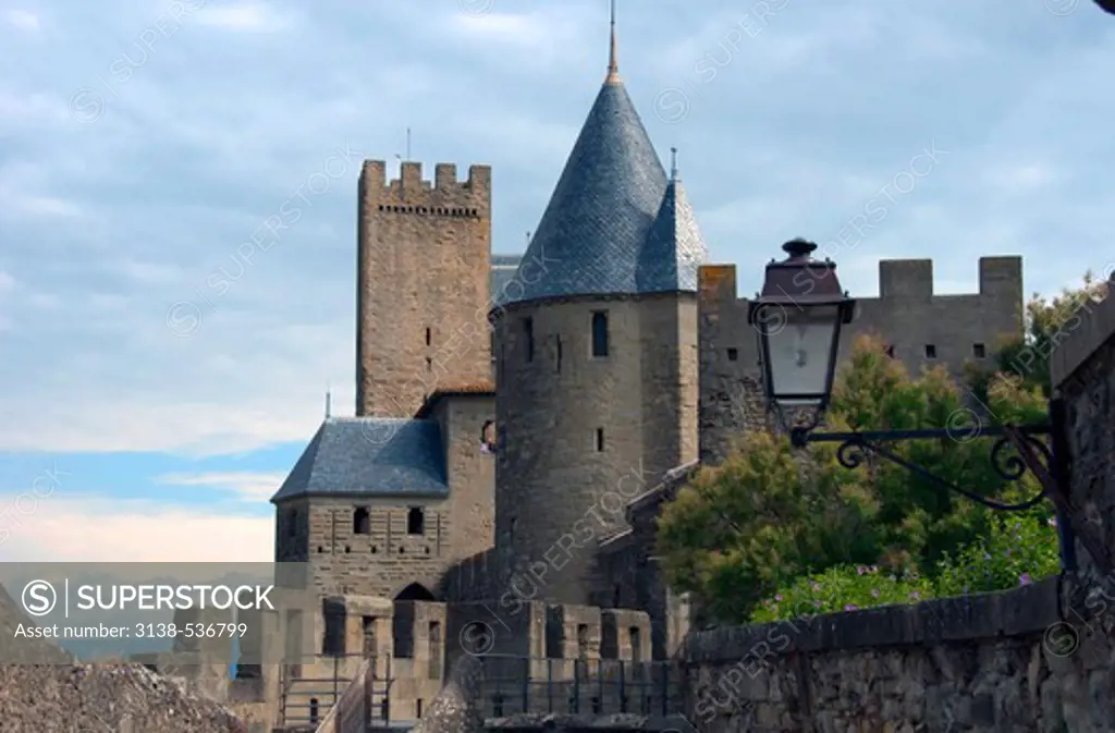 Low angle view of a fortress, Carcassonne, Aude, Languedoc-Rousillon, France