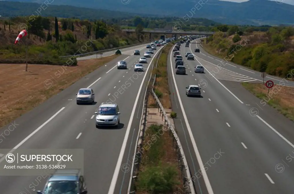 High angle view of traffic on a highway, Aude, Languedoc-Rousillon, France
