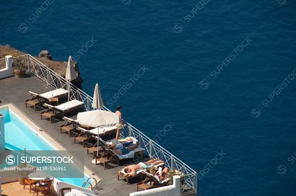 High angle view of a hotel at the seaside, Villa Renos, Thira, Santorini, Cyclades Islands, Greece