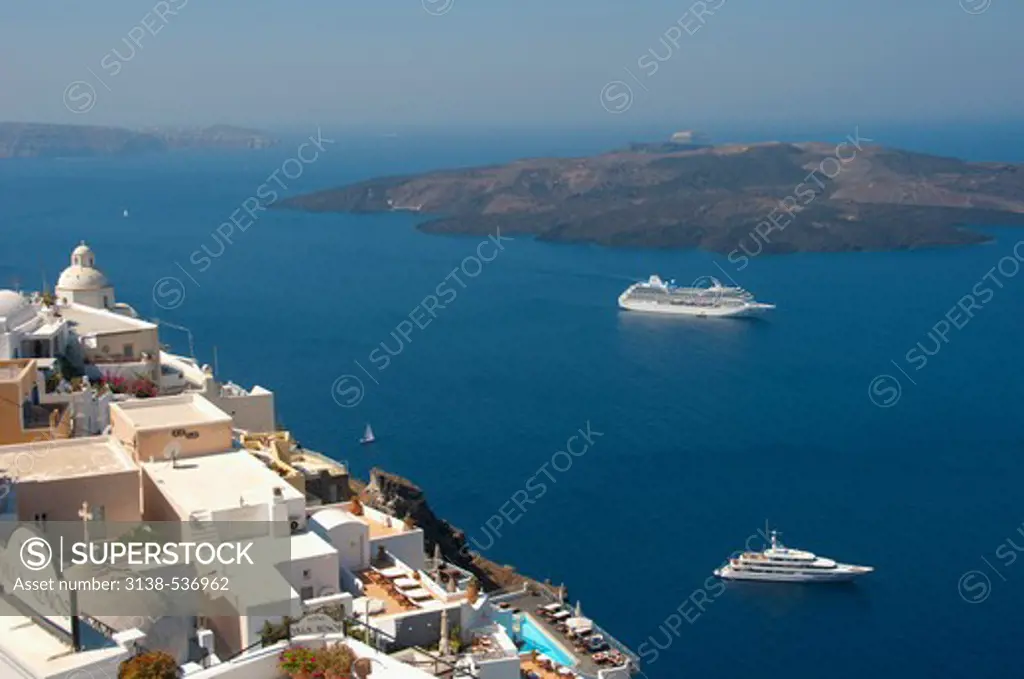 High angle view of a town at the waterfront, Santorini, Cyclades Islands, Greece