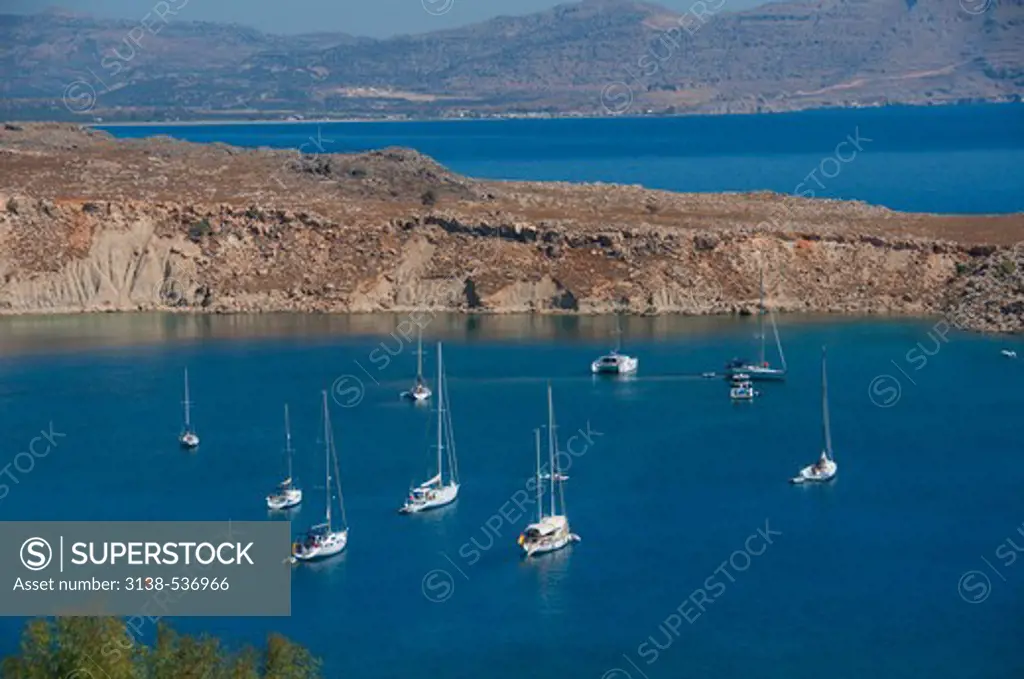 High angle view of boats in the sea, Lindos, Rhodes, Greece