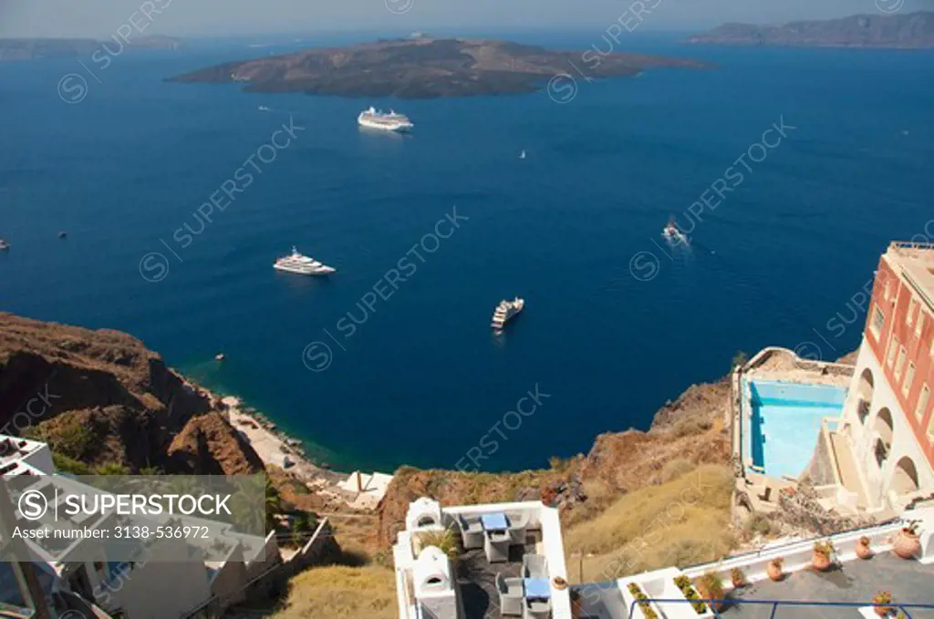 High angle view of yachts and a cruise ship in the sea, Santorini, Cyclades Islands, Greece