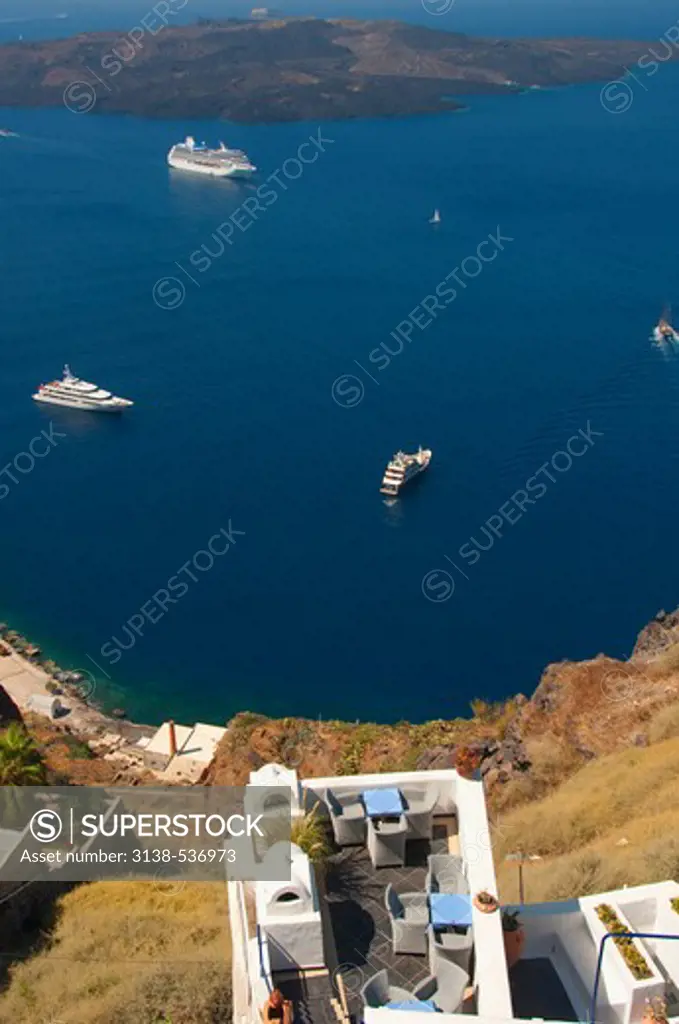 High angle view of yachts and a cruise ship in the sea, Santorini, Cyclades Islands, Greece