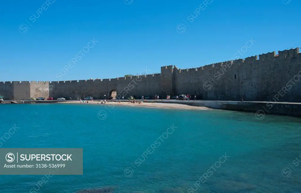 Fortified wall at the seaside, Rhodes, Dodecanese Islands, Greece