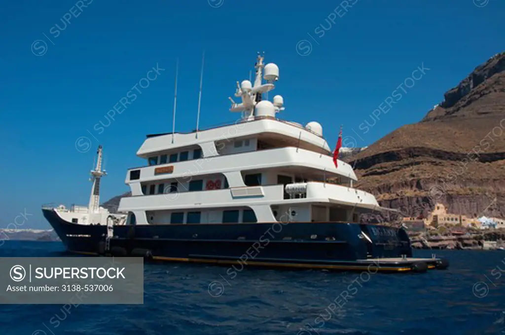 Big Aron yacht at the coast, Santorini, Cyclades Islands, Greece