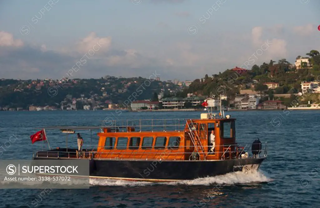 Ship in the sea with a city in background, Istanbul, Turkey