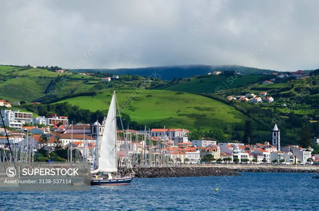 Azores, Faial Island, Sailboat leaves Horta