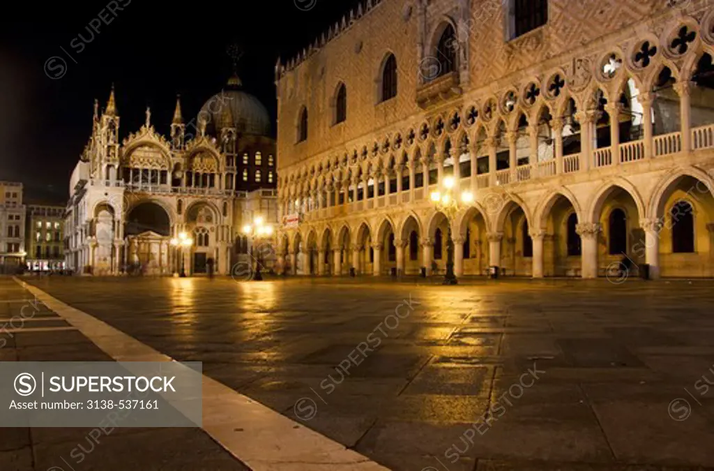 Doges Palace and St. Mark's Cathedral lit up at night, St. Mark's Square, Venice, Veneto, Italy