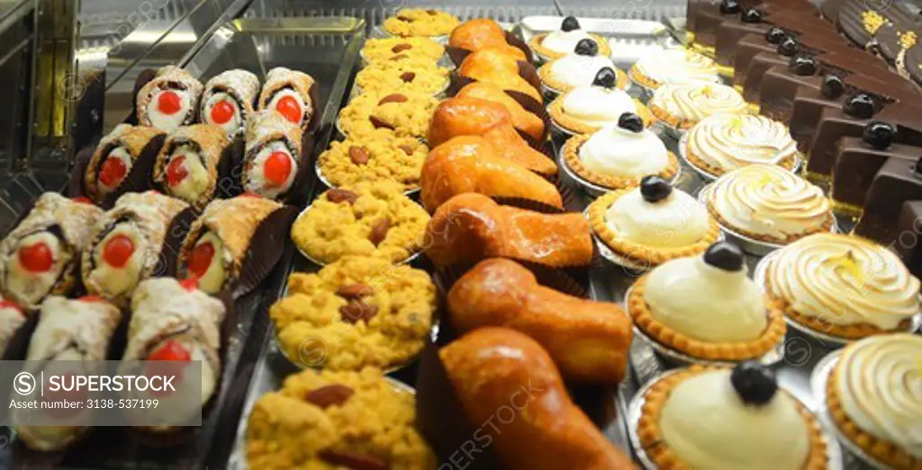 Display case with chilled desserts including canole, Venice, Veneto, Italy
