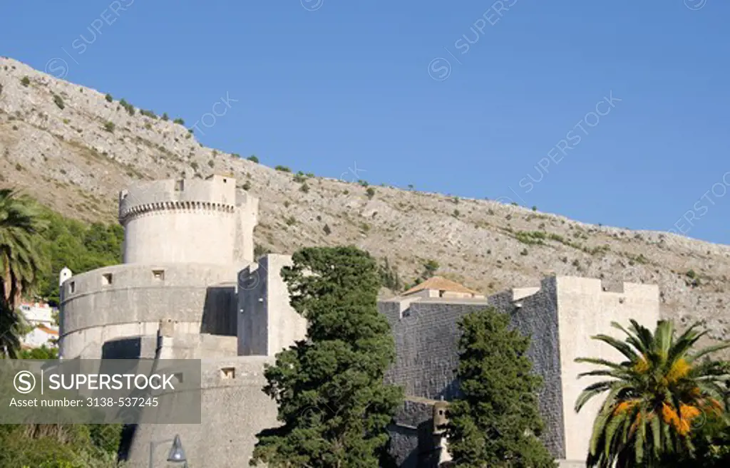 The walls and fortification of Old Town Dubrovnik showing the Minceta Tower, Dubrovnik, Dalmatia, Croatia