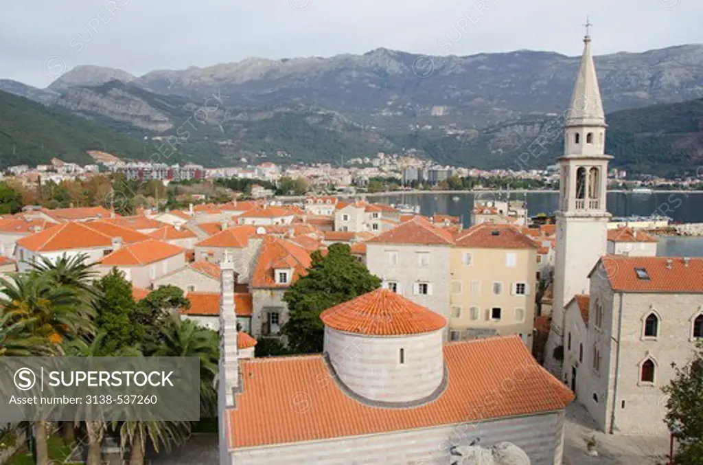 Red rooftops and church in the medieval old town, Budva, Montenegro