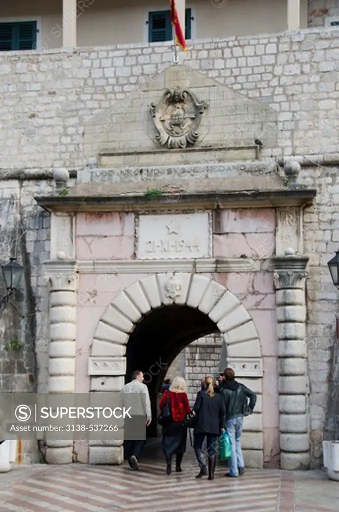 Tourists at the entrance to the Old Town of Kotor, Montenegro