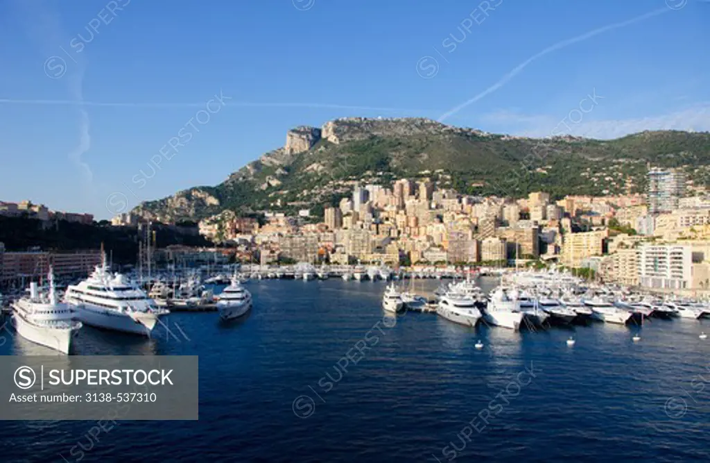 Yacht harbor with city in the background, La Condamine, Monaco