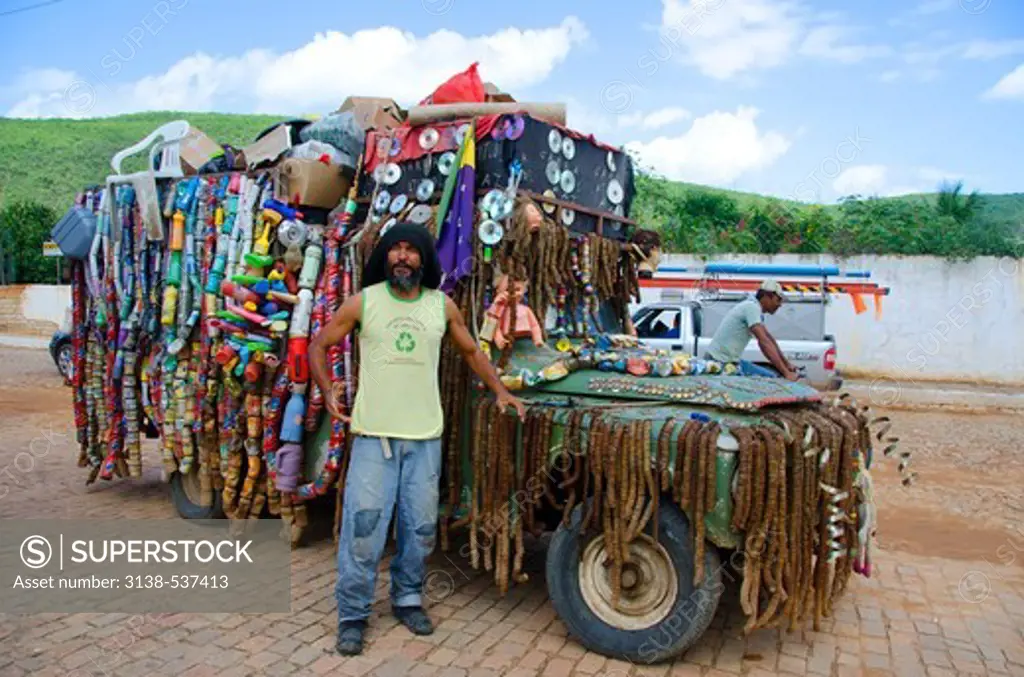 Local man shows off his unusual found art decorated vehicle, Chapada Diamantina National Park, Bahia, Brazil