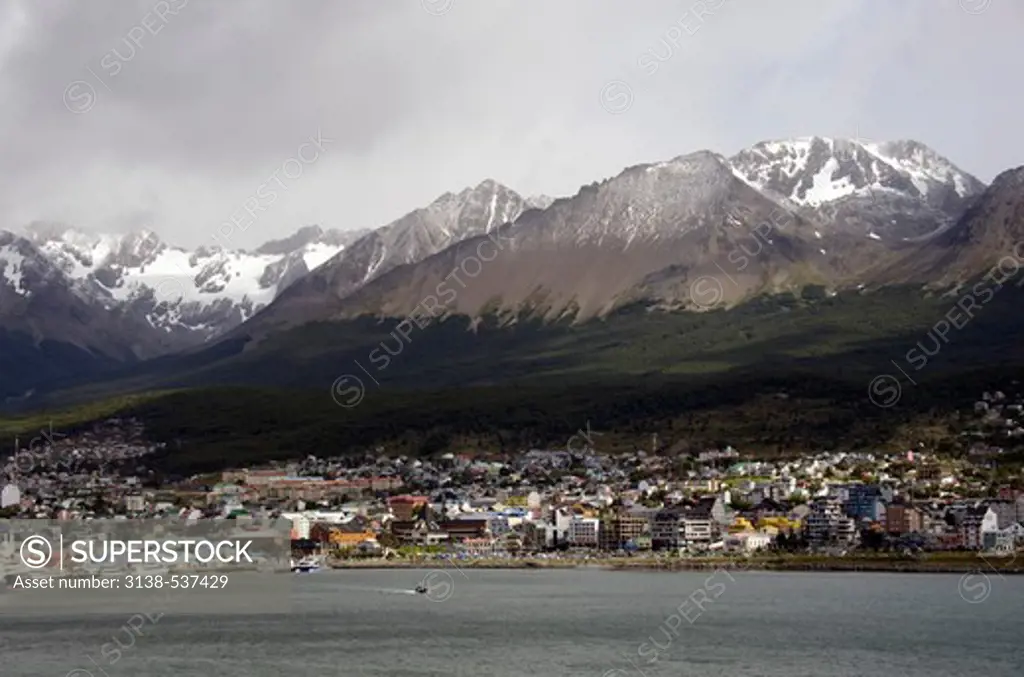 Ushuaia city with Martial Mountain range in the background, Tierra del Fuego, Patagonia, Argentina