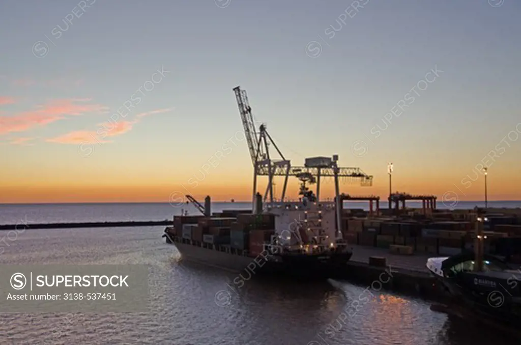 Cargo containers and cranes in a container ship at a port, Buenos Aires, Argentina