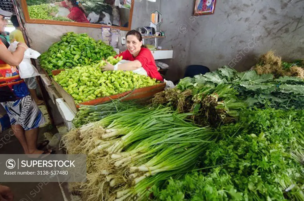 Woman selling vegetables at market, Manaus, Amazonas, Brazil
