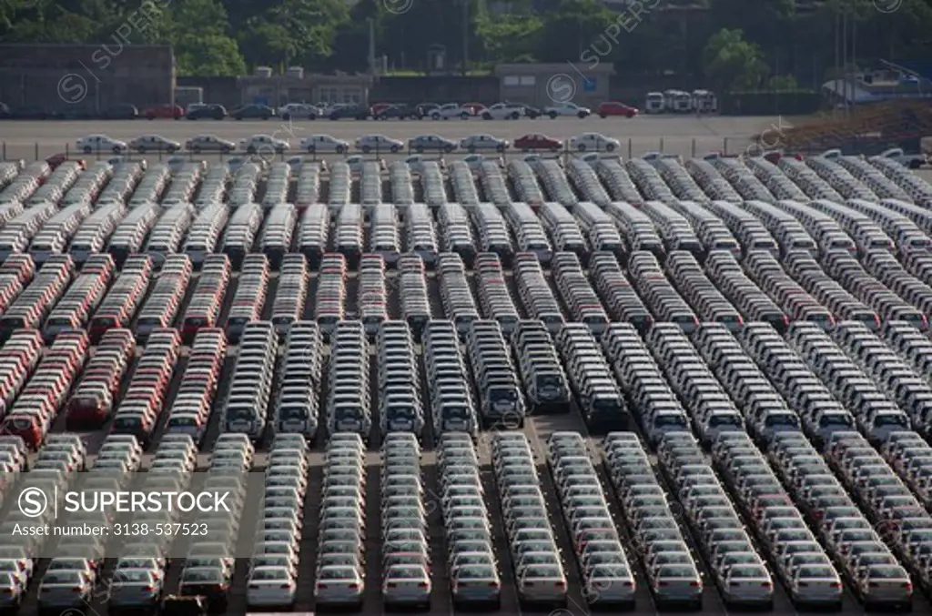 High angle view of cars parked in a parking lot, Santos, Sao Paulo, Brazil
