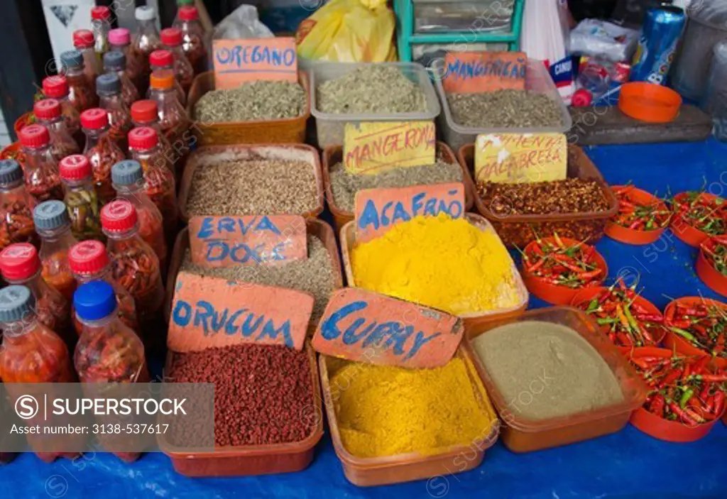 Spices for sale at a market stall, Rio De Janeiro, Guanabara Bay, Brazil