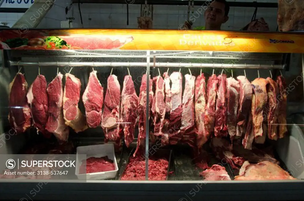 Fresh meat hanging at a market stall, Santarem, Para, Brazil