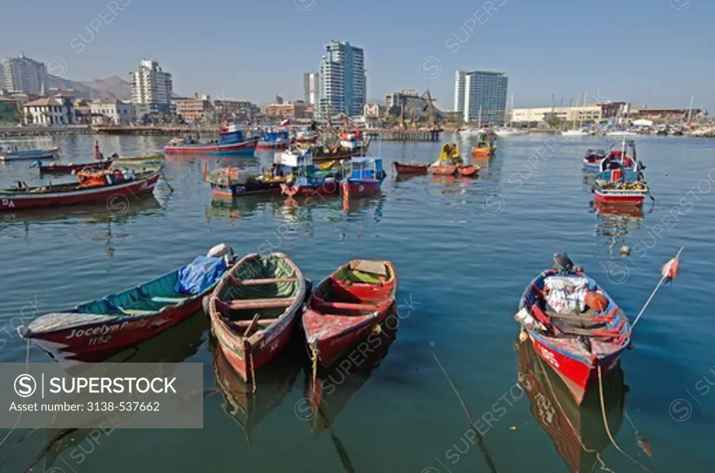 Boats at a harbor with city in the background, Antofagasta, Chile