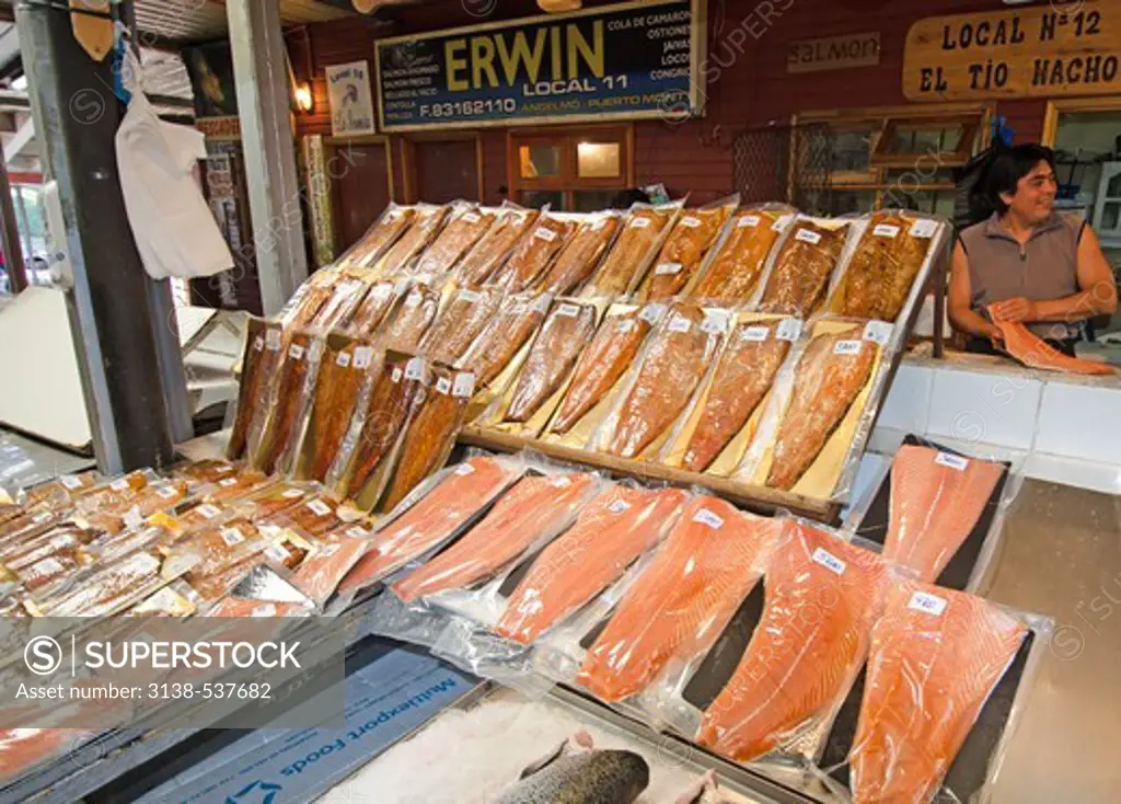 Salmon for sale at a market stall, Angelmo, Puerto Montt, Llanquihue Province, Los Lagos, Chile