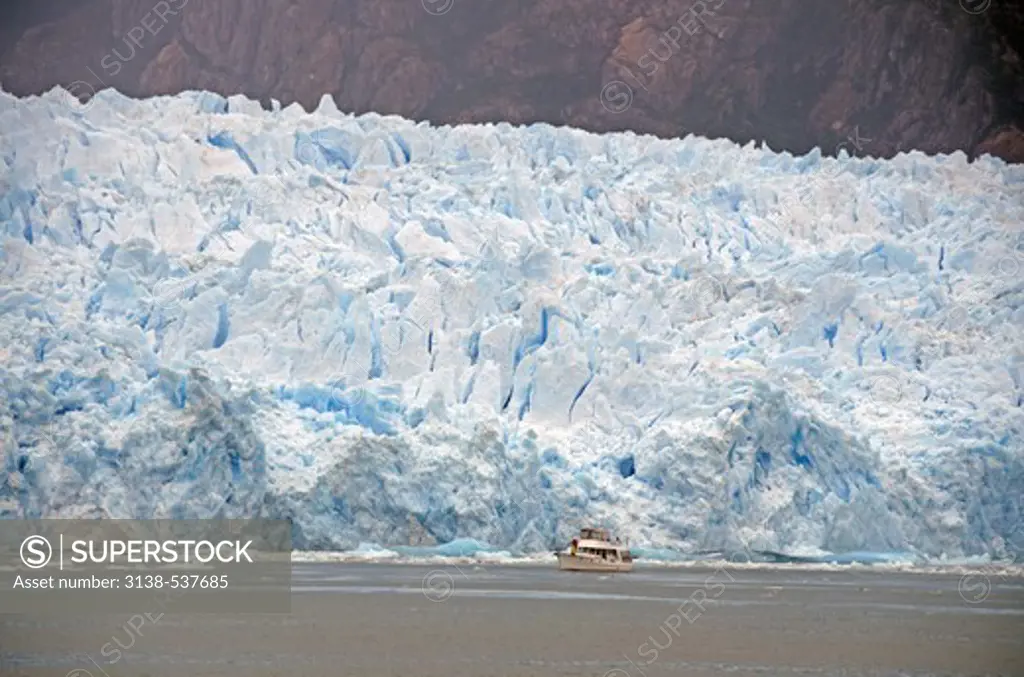 Boat with glacier in the background, San Rafael, Chile