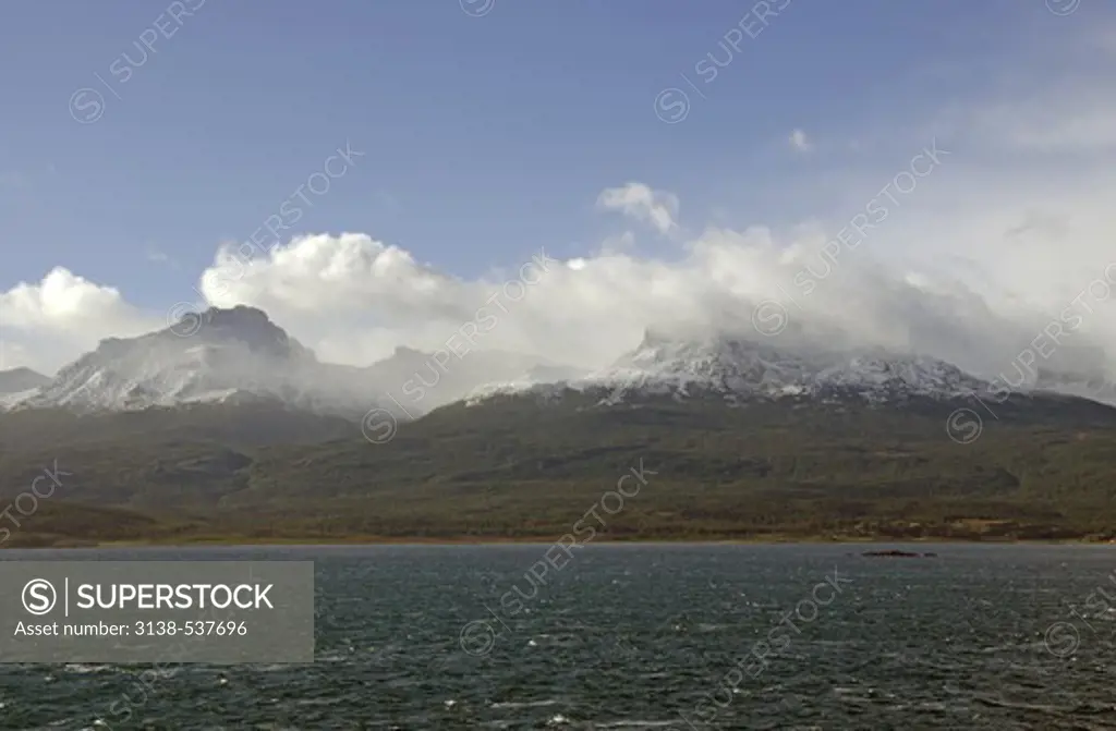 Snow covered mountain with fjord, Beagle Channel, Tierra del Fuego, Chile