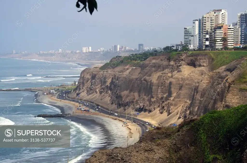 Buildings on the coast, Circuit beaches of the Costa Verde, Miraflores District, Lima, Peru