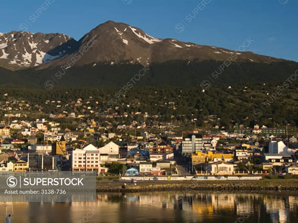 City with mountains in the background, Ushuaia, Beagle Channel, Tierra del Fuego, Argentina