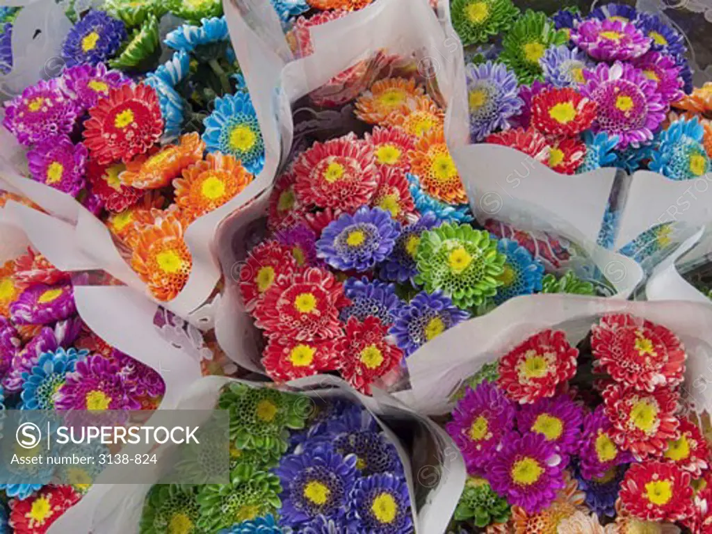 Close-up of flowers for sale at a market stall, Bogota, Colombia