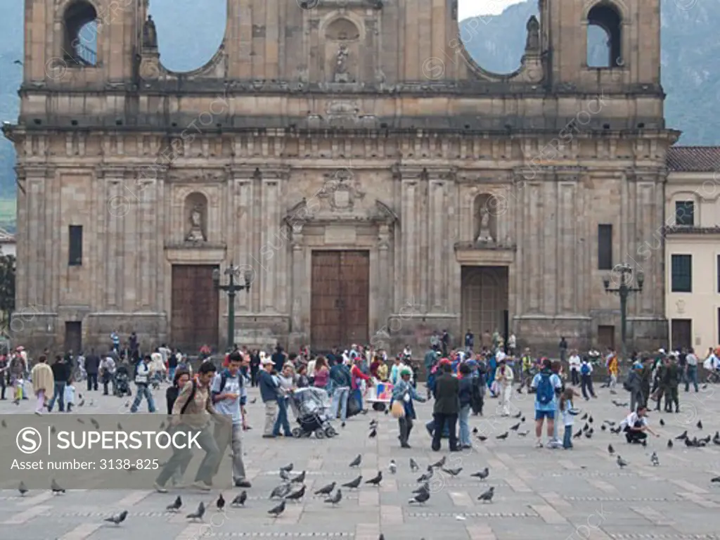 Tourist in front of a church, Bolivar Square, Bogota, Colombia