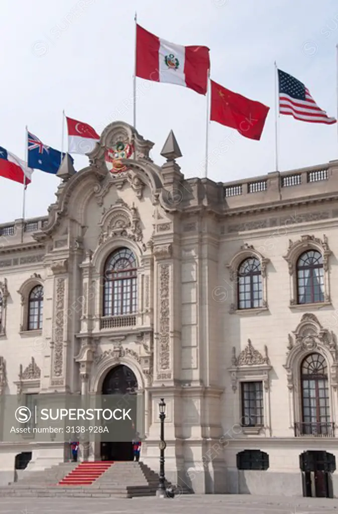 Facade of a palace, Palacio De Gobierno, Plaza-De-Armas, Lima, Peru