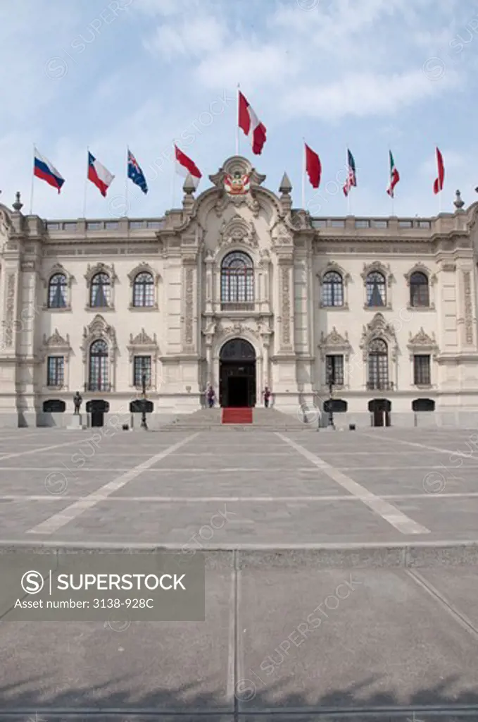 Facade of a palace, Palacio De Gobierno, Plaza-De-Armas, Lima, Peru