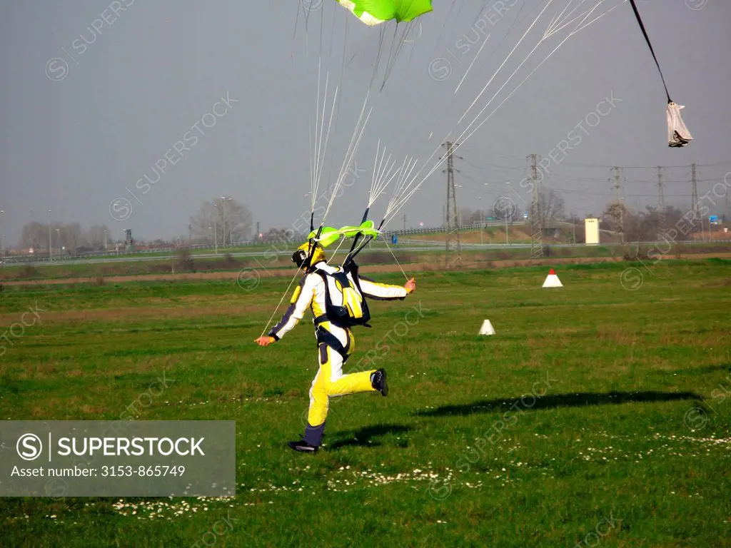 paratrooper landing, airport Casale Monferrato, Piedmont, Italy